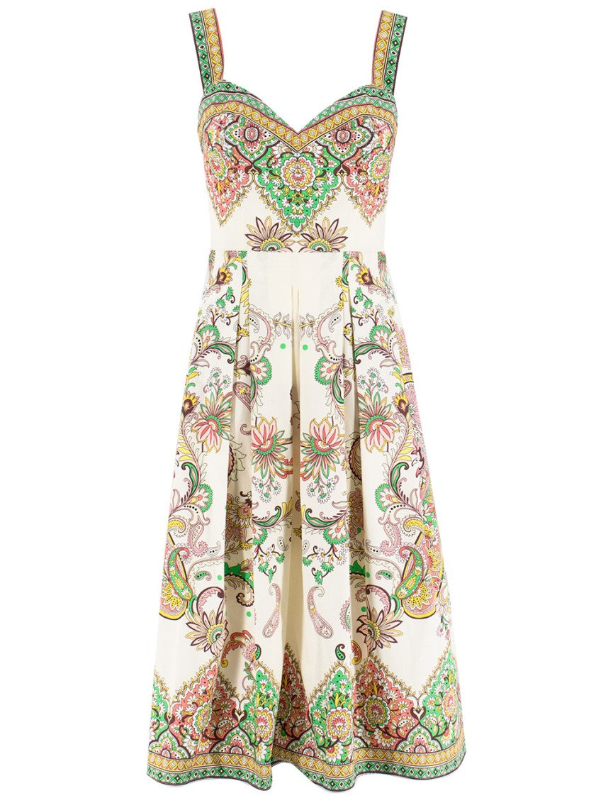 Etro Paisley Print Midi Dress With Sweetheart Neckline And Pleated Skirt