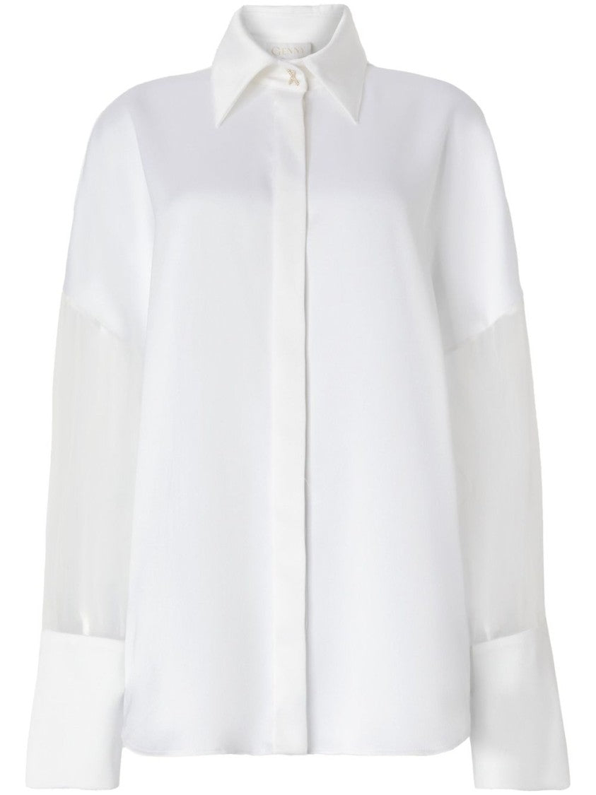 Genny White Satin Shirt With Sheer Sleeves