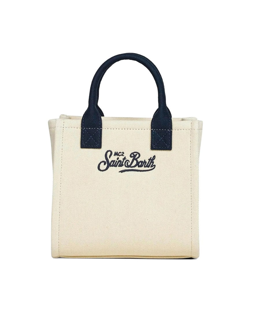 Mc2 Saint Barth Structured Midi Handbag In Natural Canvas With Leather Accents