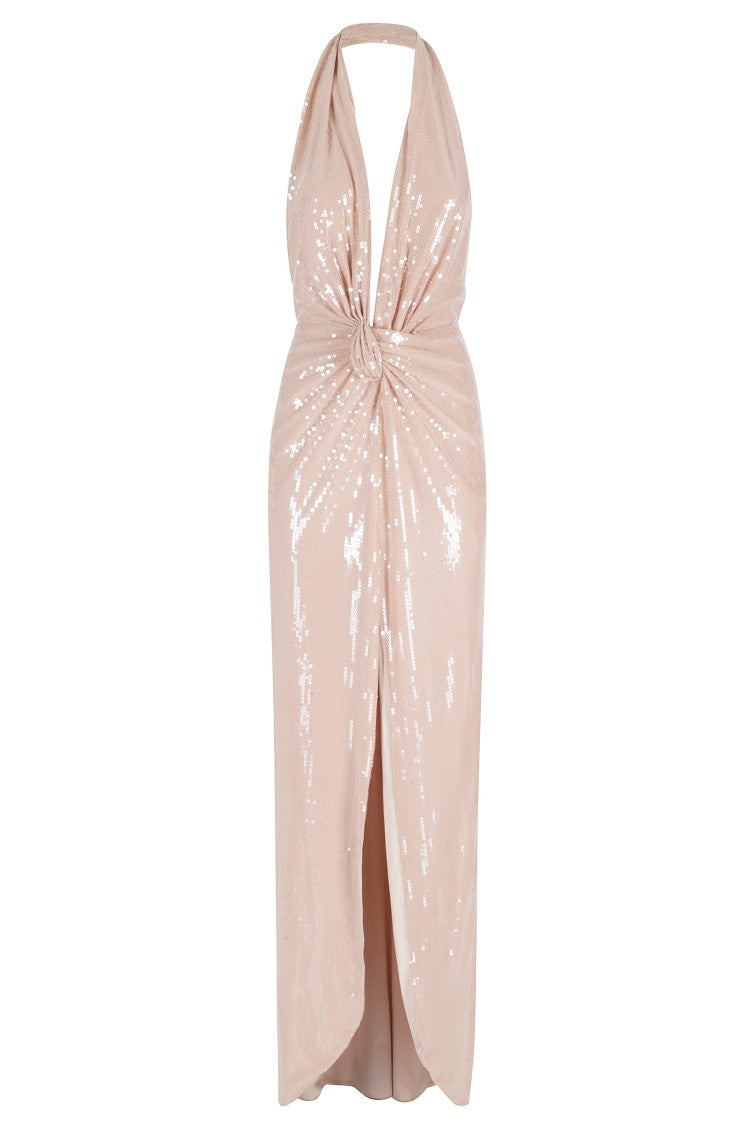 Nissa Powder Pink Deep V-Neck Sequined Drape Mesh Evening Dress