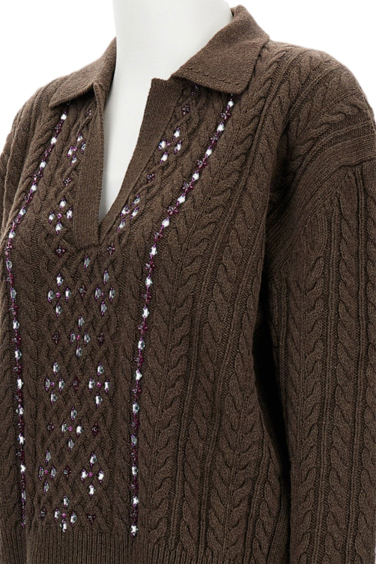 Des Phemmes Embroidered Cable-Knit Sweater With Classic Collar And Ribbed Cuffs