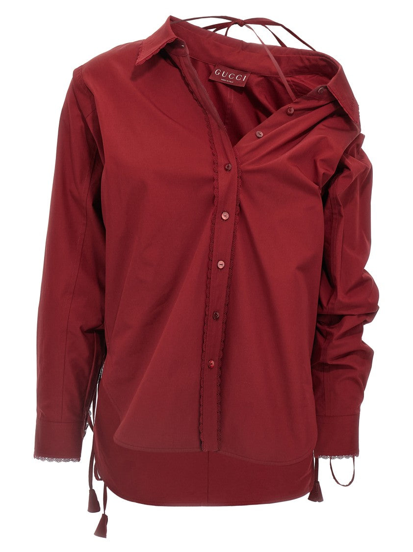 Gucci Knotted Lace Detail Long-Sleeved Shirt In Deep Red Cotton Poplin