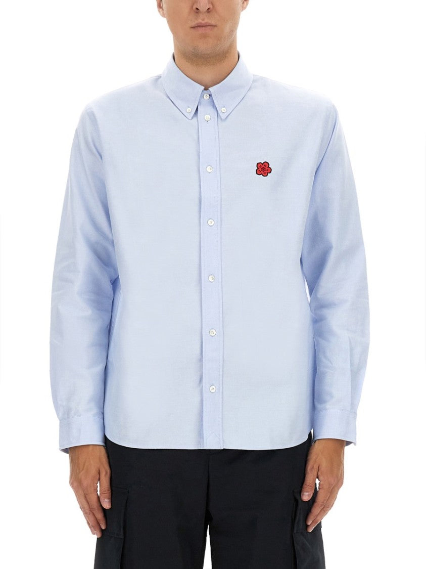 Kenzo Button-Down Cotton Shirt With Embroidered Floral Detail