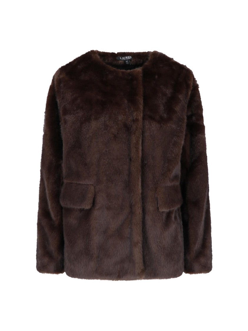 Polo Ralph Lauren Brown Round-Neck Snap-Button Faux Fur Jacket