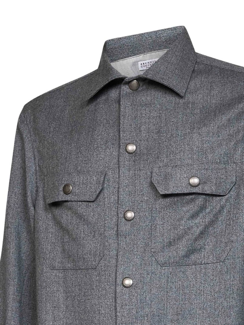 Brunello Cucinelli Grey Textured Virgin Wool Shirt