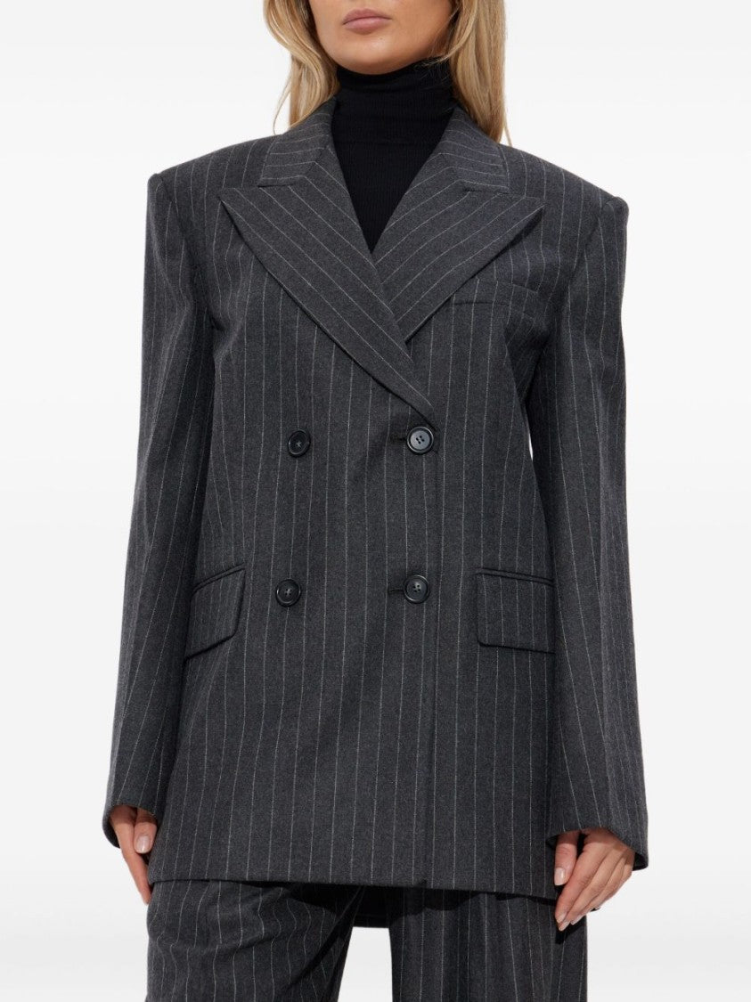 Sportmax Double-Breasted Oversized Anthracite Jacket With Pinstripe Detail