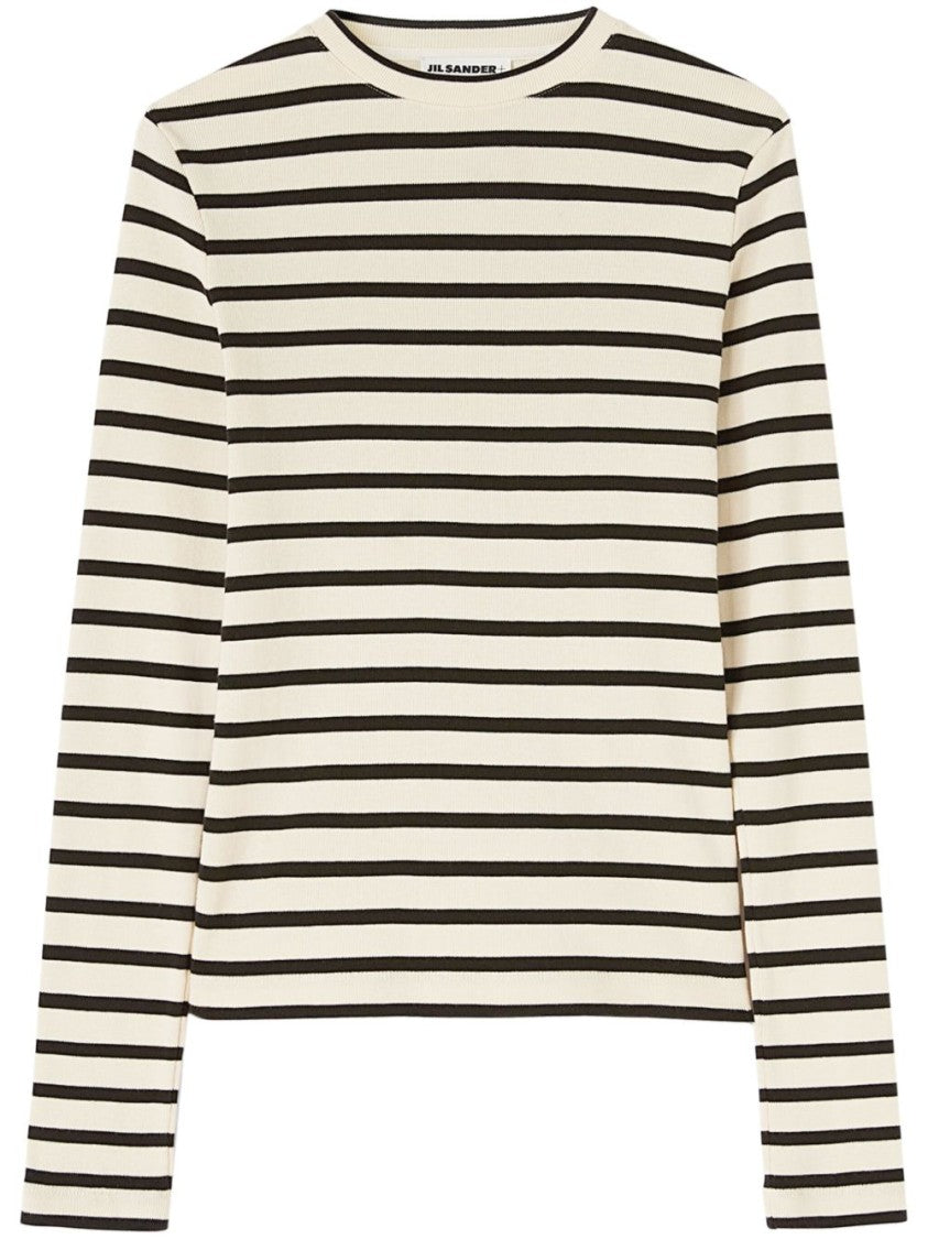 Jil Sander Fine Ribbed Off-White And Black Crew Neck Sweater