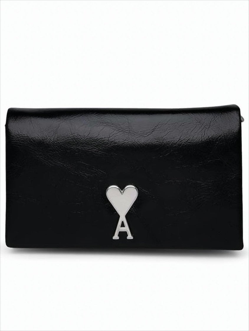 Ami Paris Rectangular Black Cow Leather Shoulder Bag