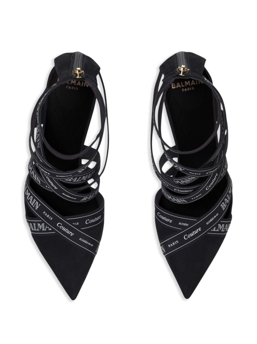 Balmain Black Logo Print Stiletto Suede Sandals
