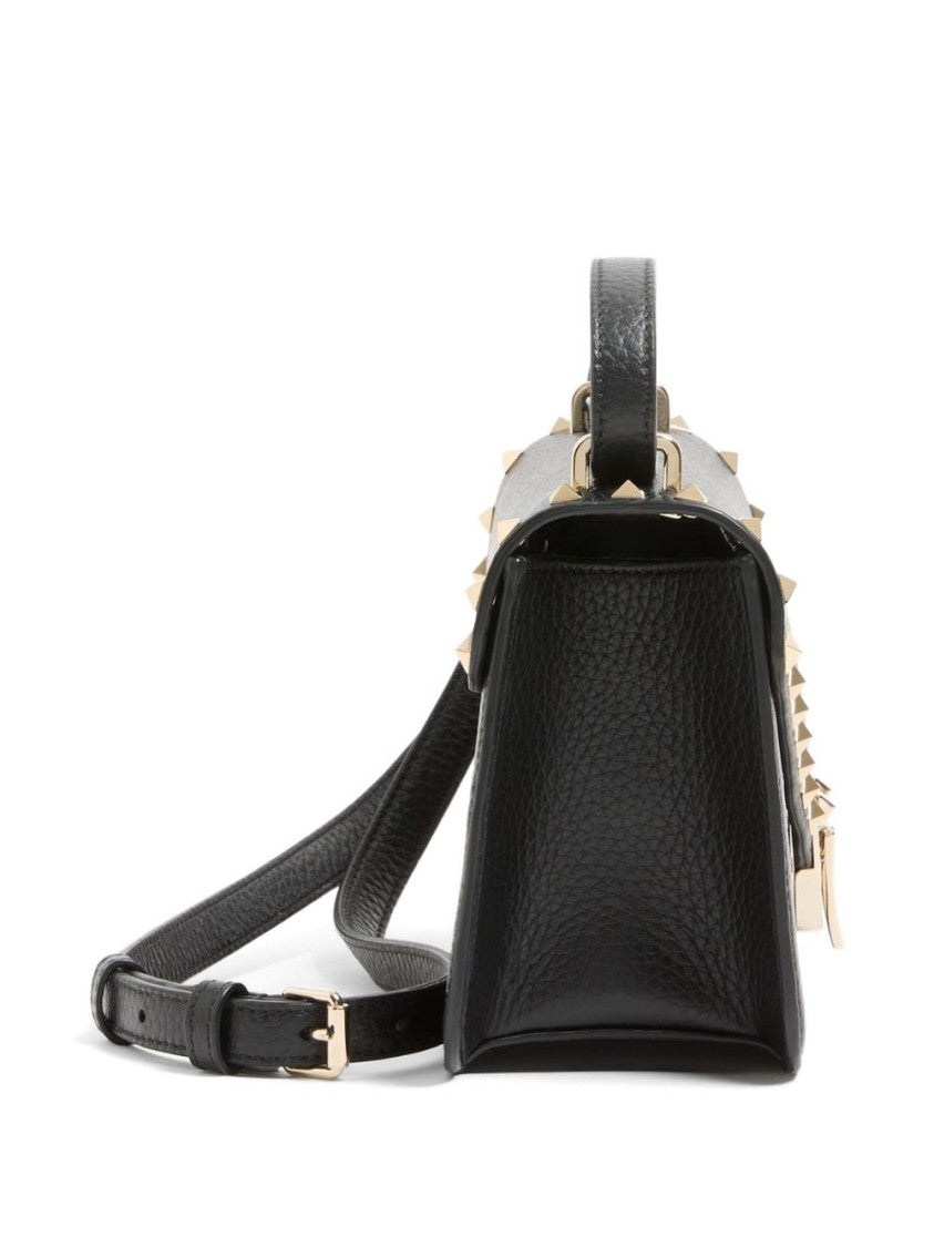 Valentino Garavani Black Textured Leather Pyramid Studs Shoulder Bag