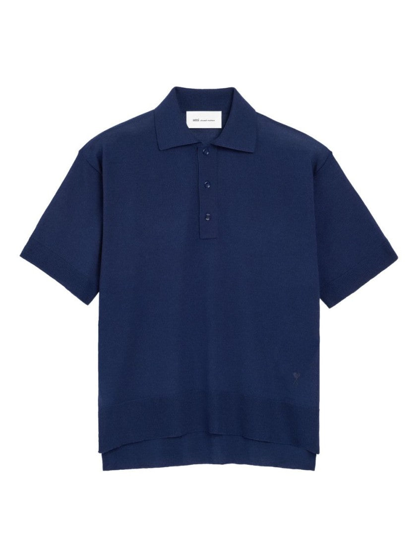 Ami Paris Blue Embroidered Logo Wool Polo Shirt