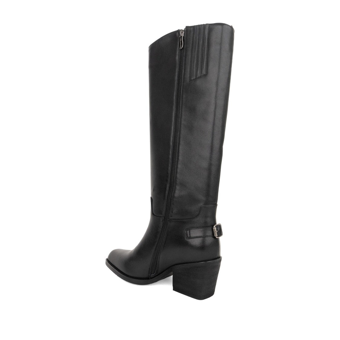 Linda Baumann Black Sleek Decorative Strap Block Heel Tall Leather Boots
