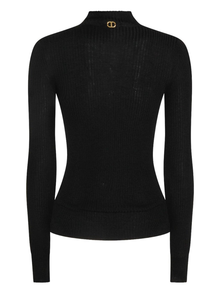 Twin-Set Fitted Ribbed Knit Sweater With High Neckline