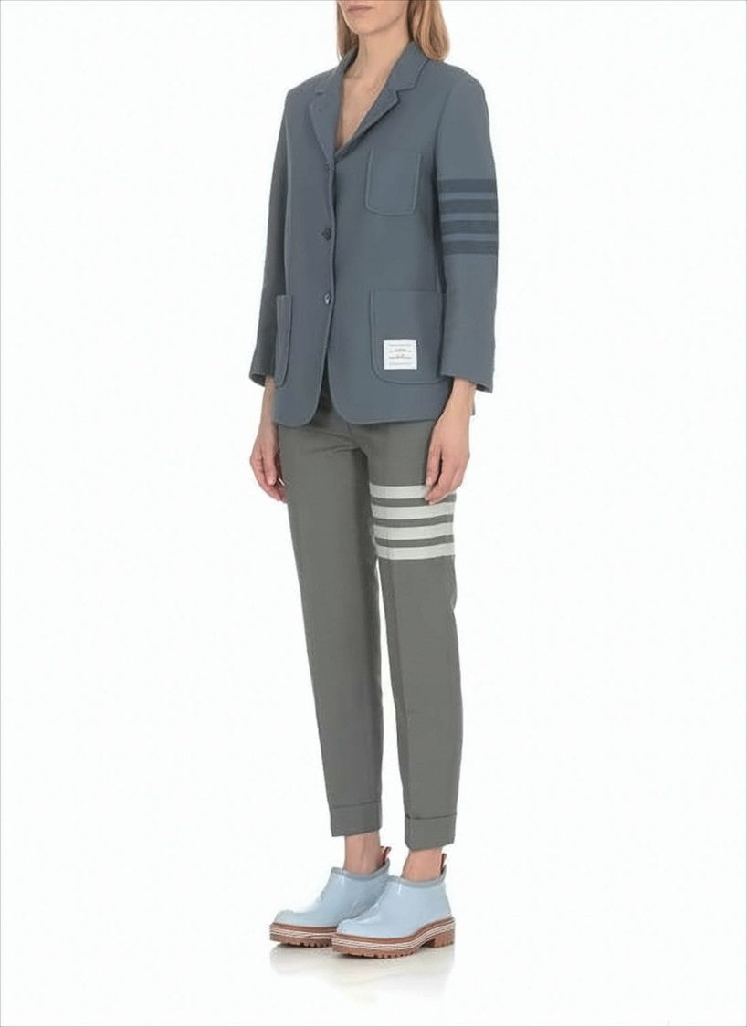 Thom Browne Tailored Grey Wool Straight Pants With Signature Stripe Detail