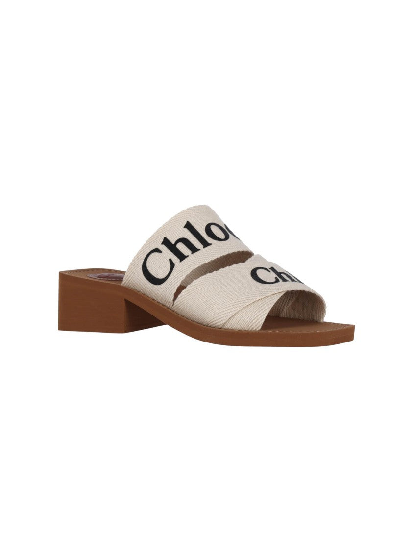 Chloé Slip-On Linen Sandals With Contrast Logo Detailing
