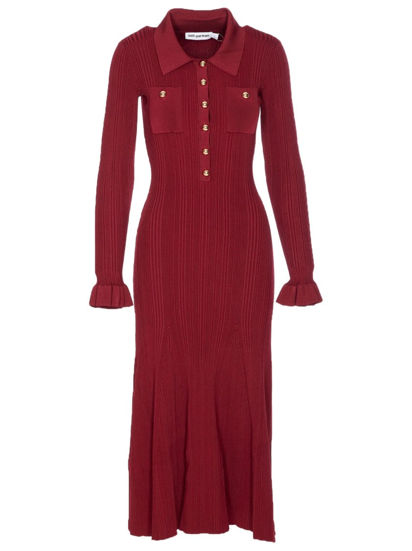 Self-Portrait Fitted Ribbed Maxi Dress With Classic Collar