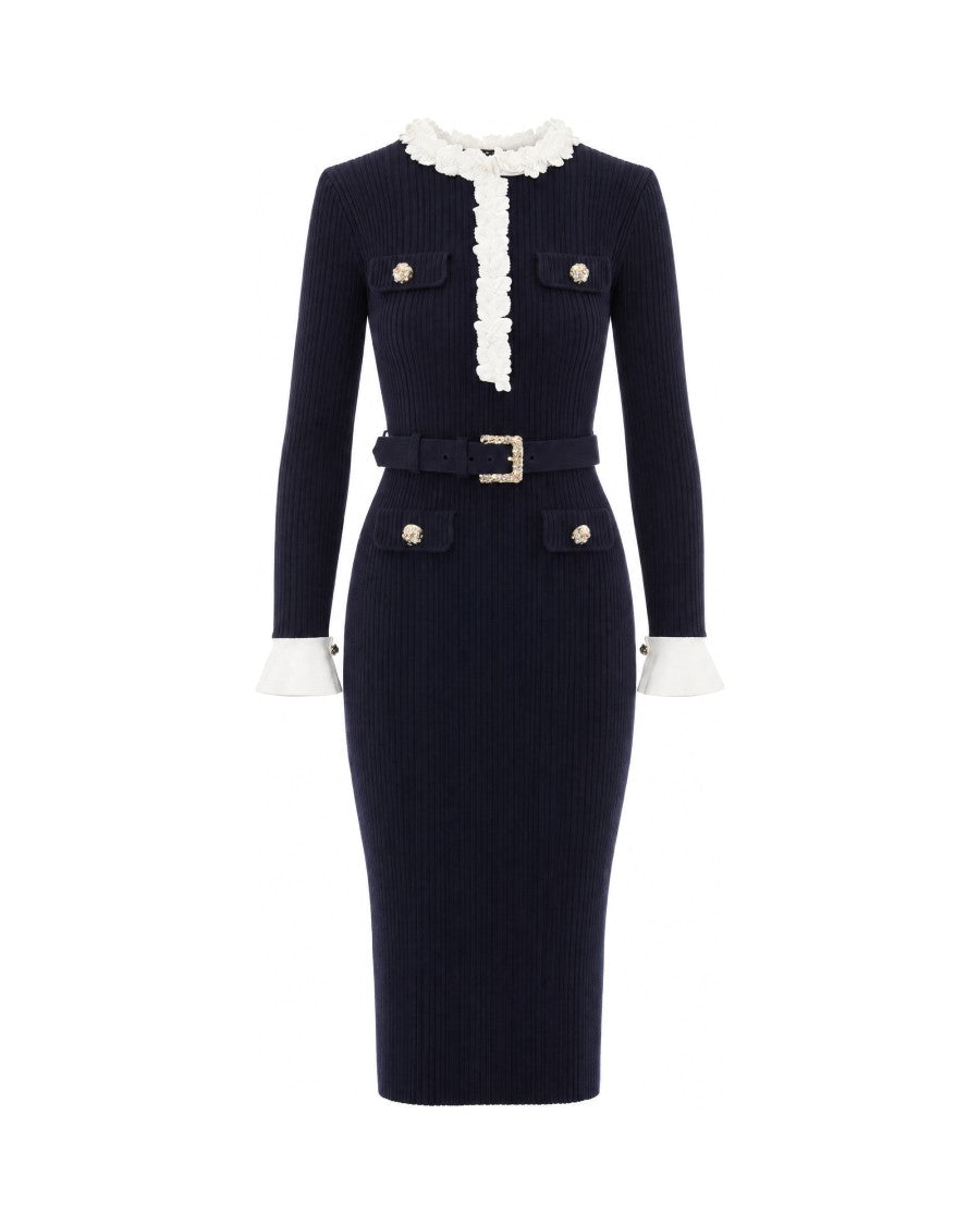 Self-Portrait Navy Knit Flower Ribbed Floral Belted Midi Dress
