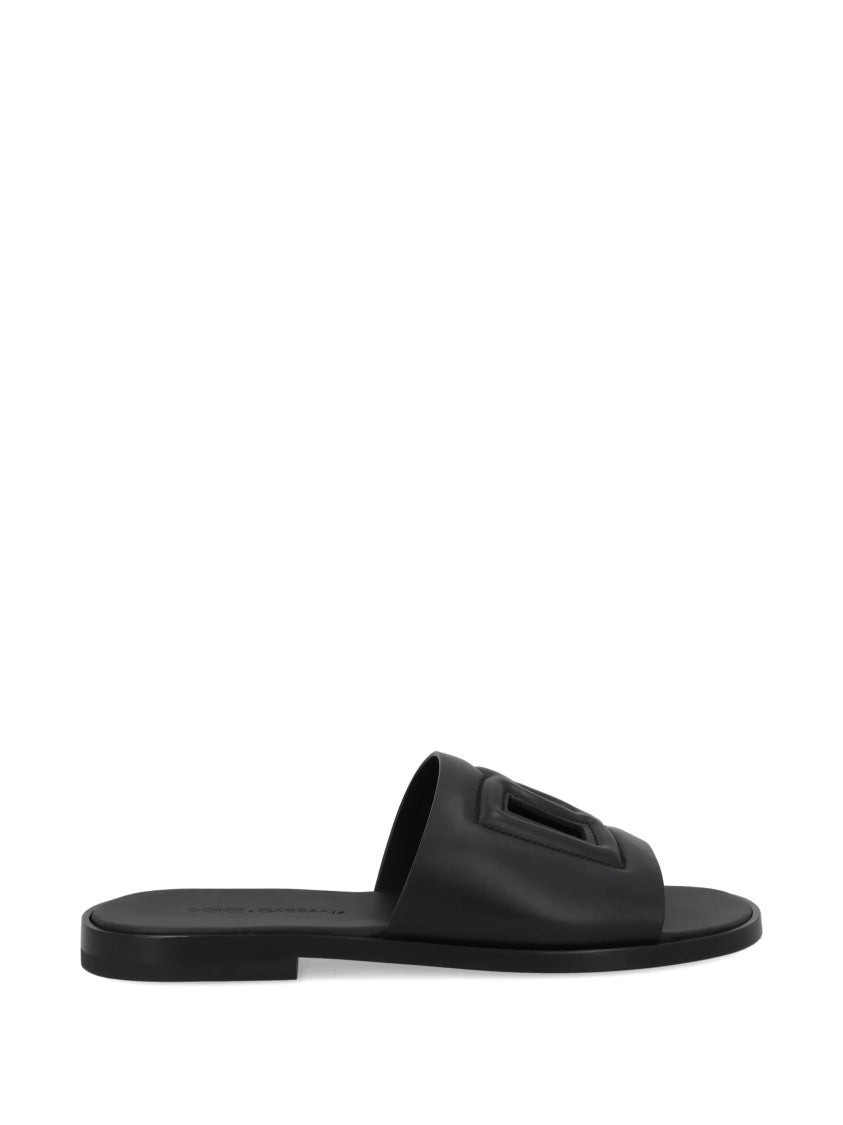 Dolce & Gabbana Black Leather Wide Strap Slide Sandals