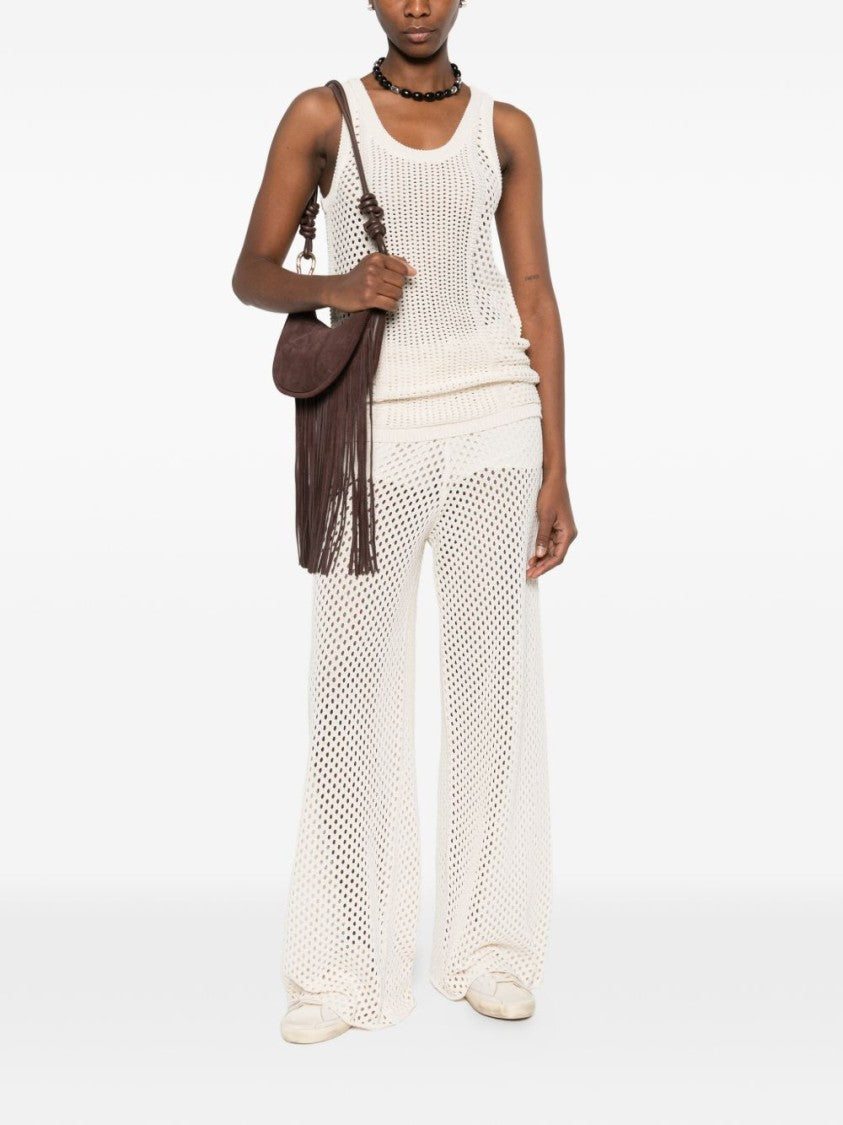 Golden Goose White Sheer Elastic Waist Embroidered Wide-Leg Pants