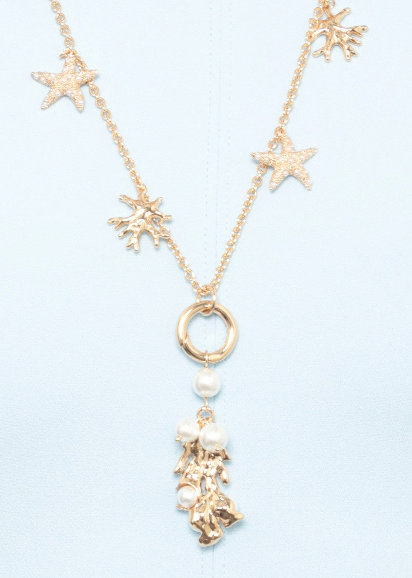 Self-Portrait Marine-Inspired Gold Charm Necklace With Textured Coral