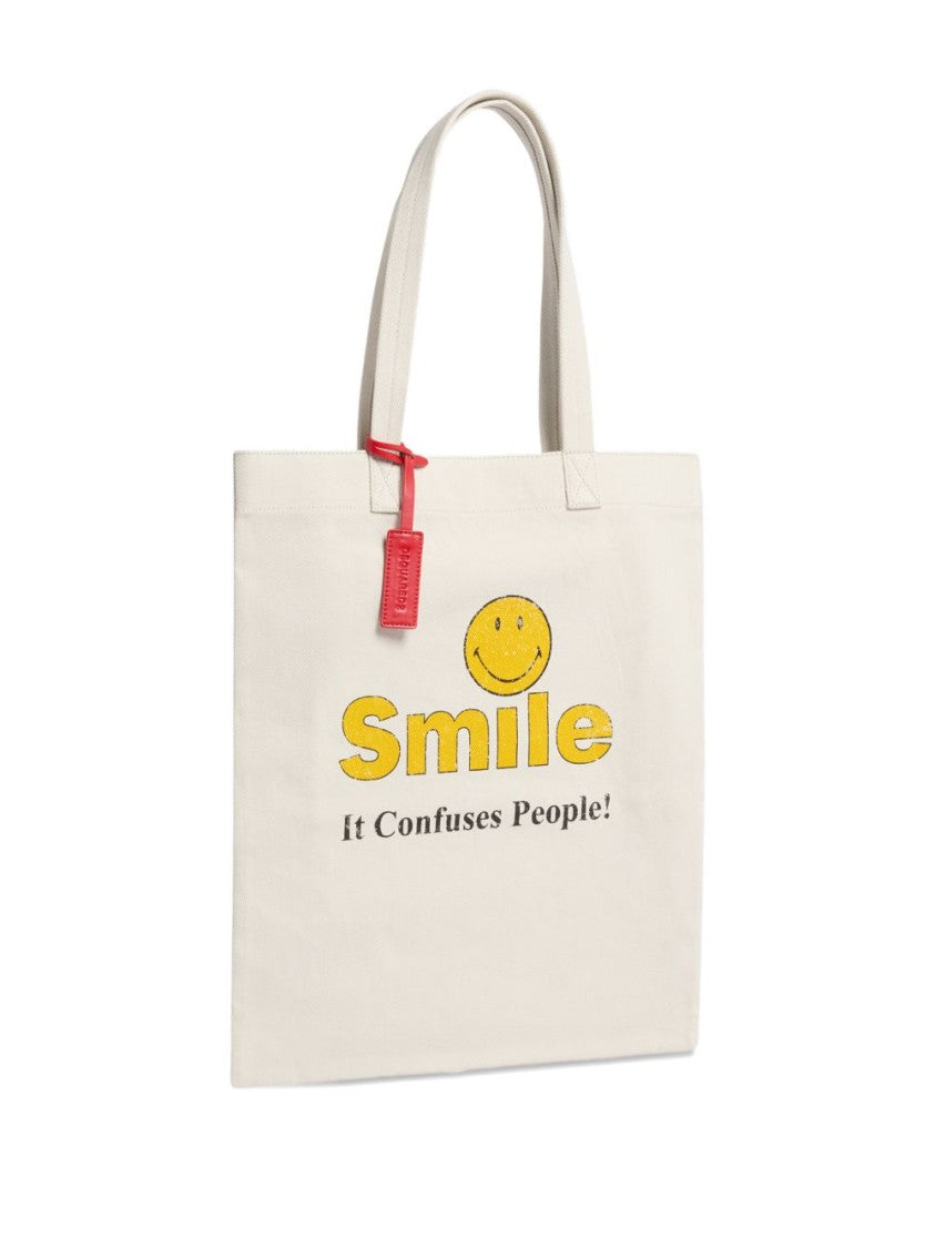 Dsquared2 Cream Tote Bag With Smiley Print And Logo Patch