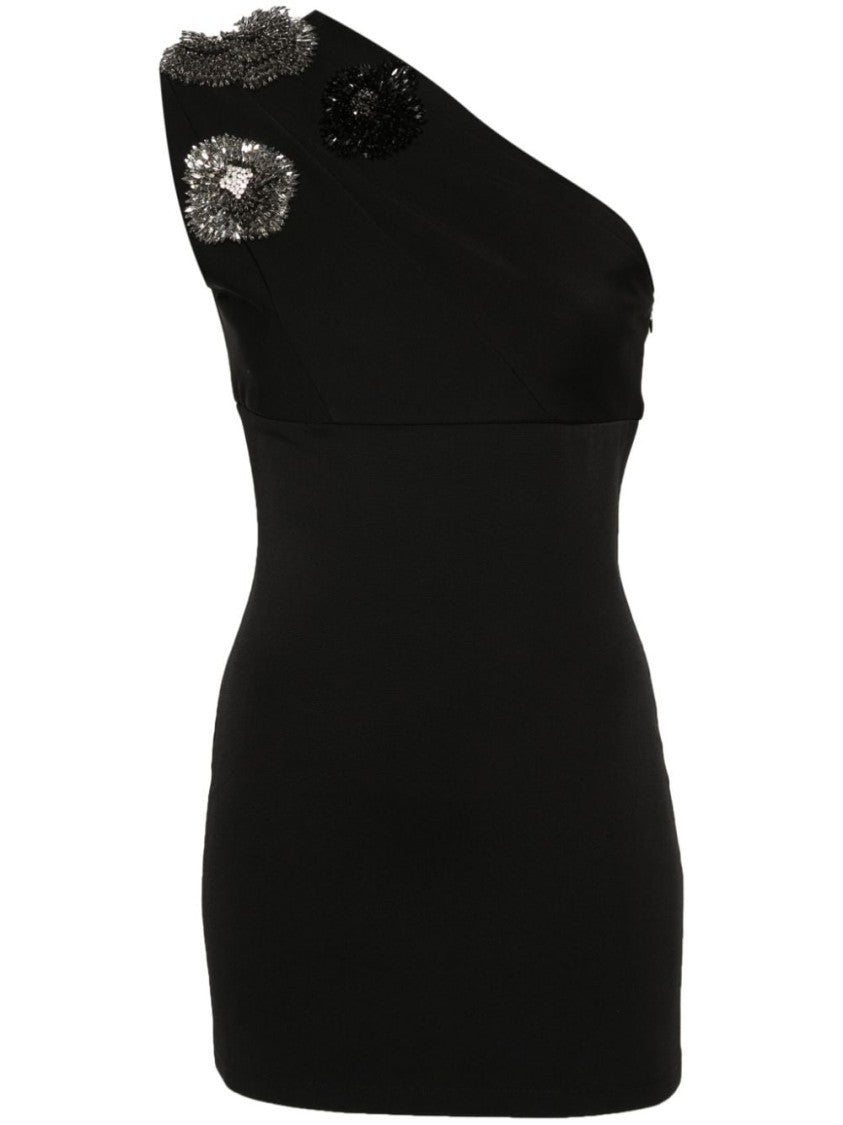 Balmain One-Shoulder Black Mini Dress With Crystal Floral Appliqué