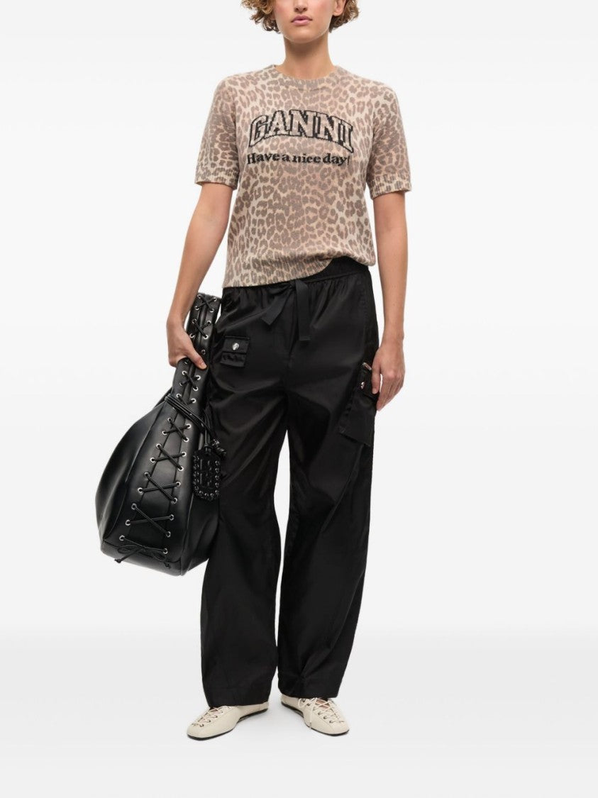 Ganni Short-Sleeved Leopard Print Top With Bold Lettering