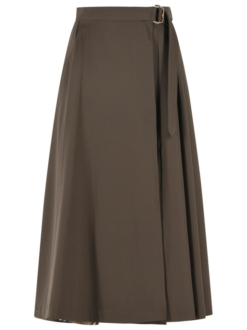 Burberry Green Belina Double-Ring Belt Wool Midi Skirt