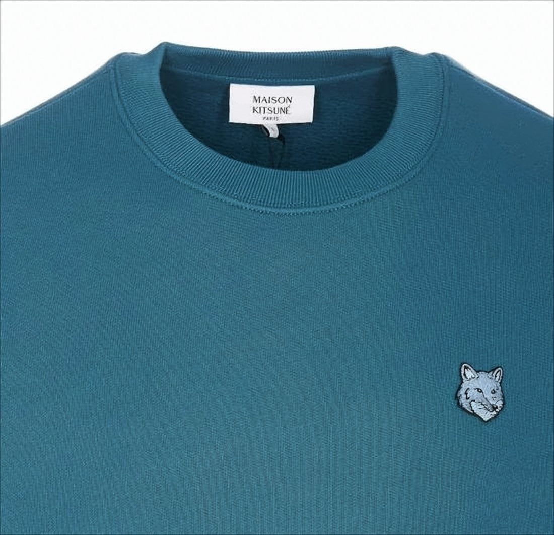 Maison Kitsuné Solid Teal Blue Long-Sleeve Crewneck Sweatshirt With Embroidered Fox Logo