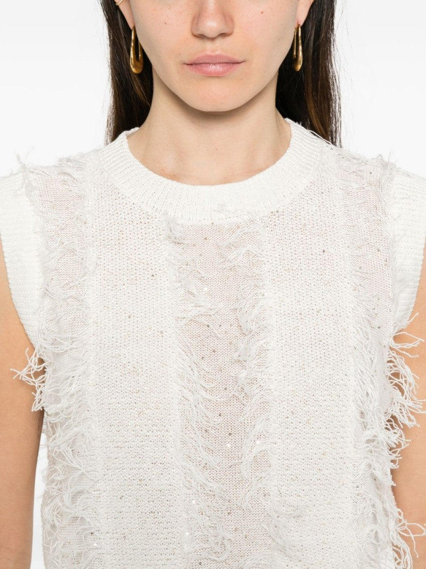 Peserico Textured Knit Sleeveless White Sweater With Fringed Stripes