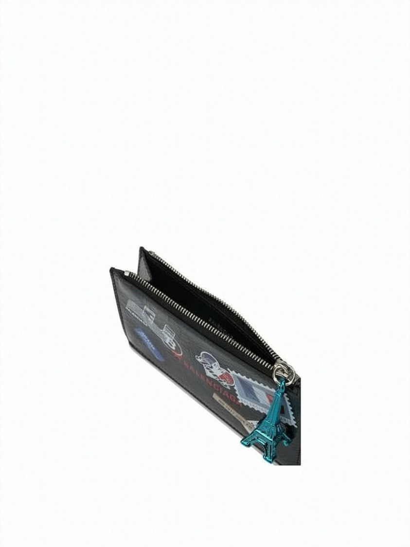Balenciaga Textured Black Lambskin Cardholder With Travel-Themed Patches