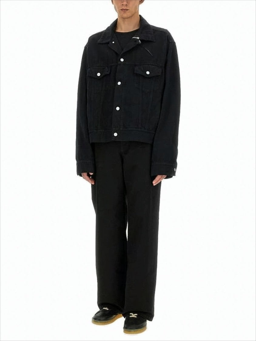 Mm6 By Maison Margiela Cropped Black Denim Jacket With Classic Collar And Boxy Fit