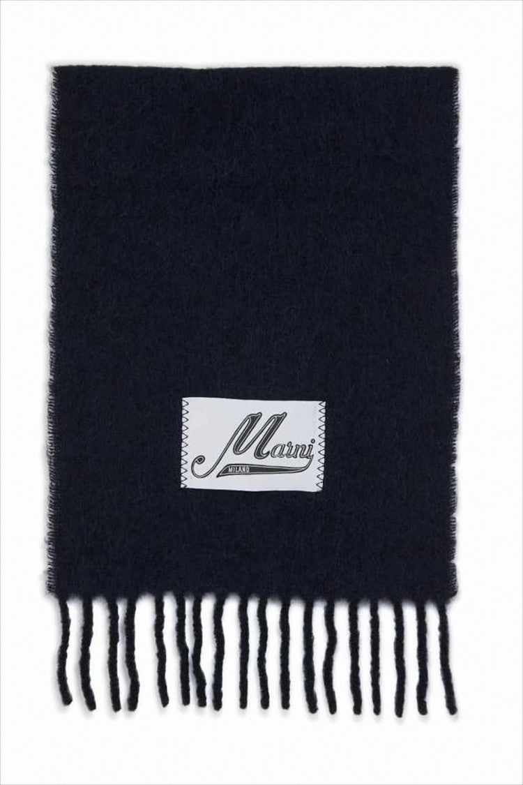 Marni Textured Black Alpaca Scarf With Fringed Ends