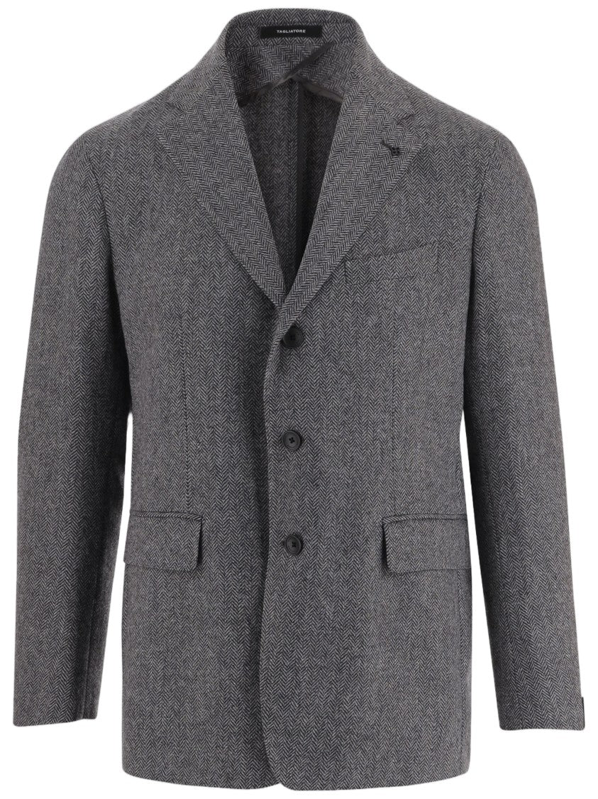 Tagliatore Grey Herringbone Three-Button Tailored Blazer
