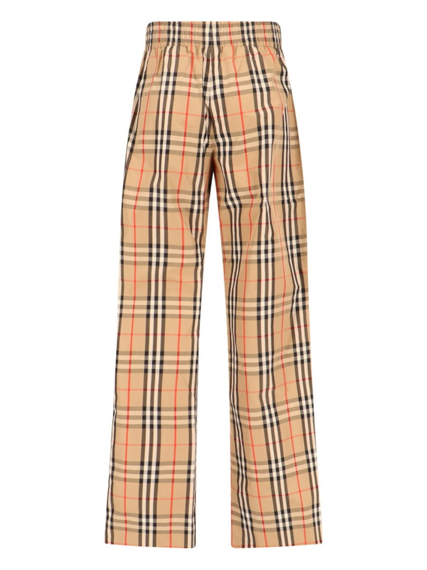 Burberry Beige Cotton Sport Pants With Multicolor Check Pattern And Contrast Stripes