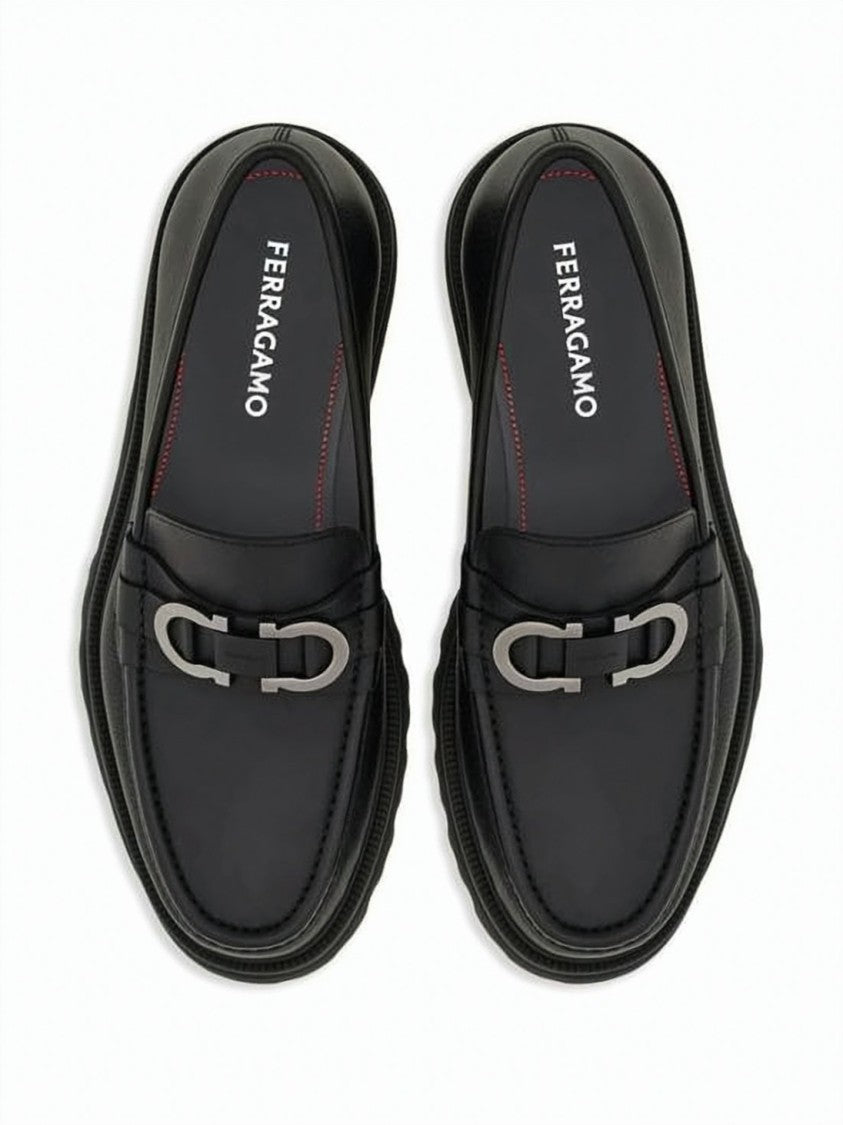 Salvatore Ferragamo Black Calf Leather Loafers With Silver Metal Detail