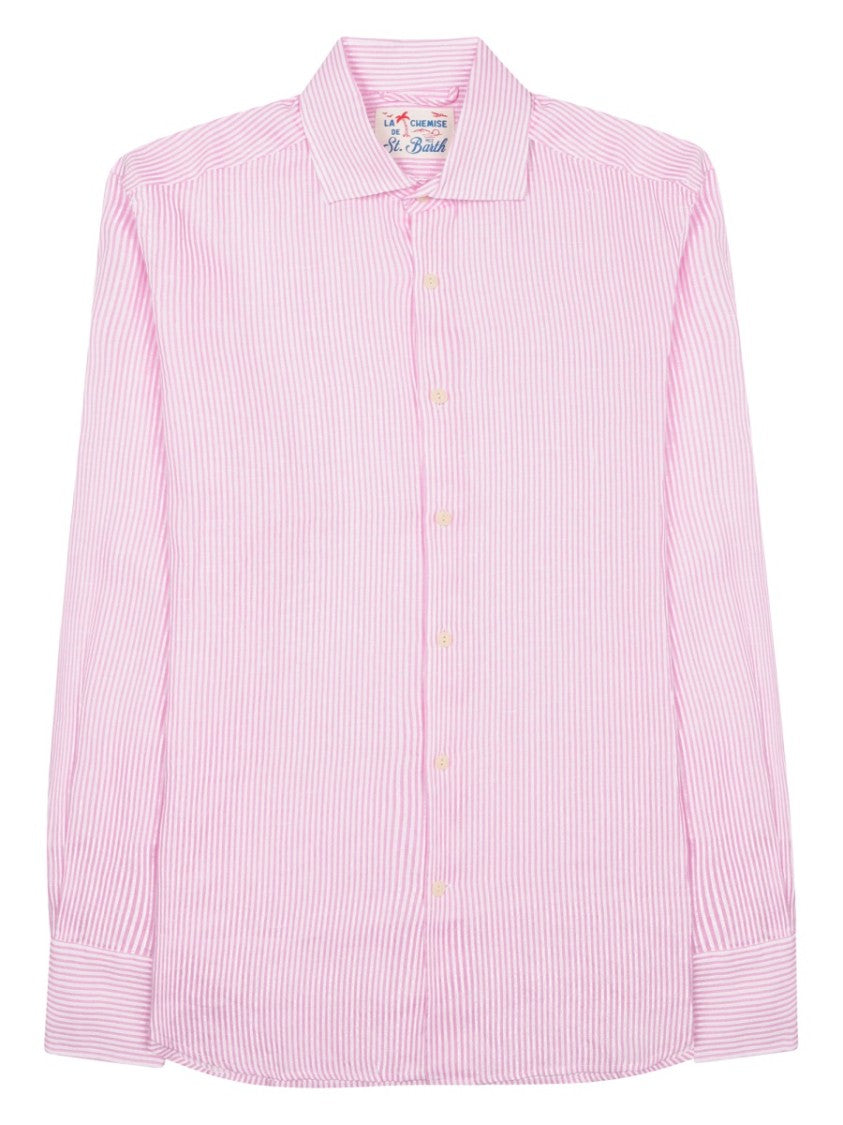Mc2 Saint Barth Pink Subtle Striped Long-Sleeve Linen Shirt