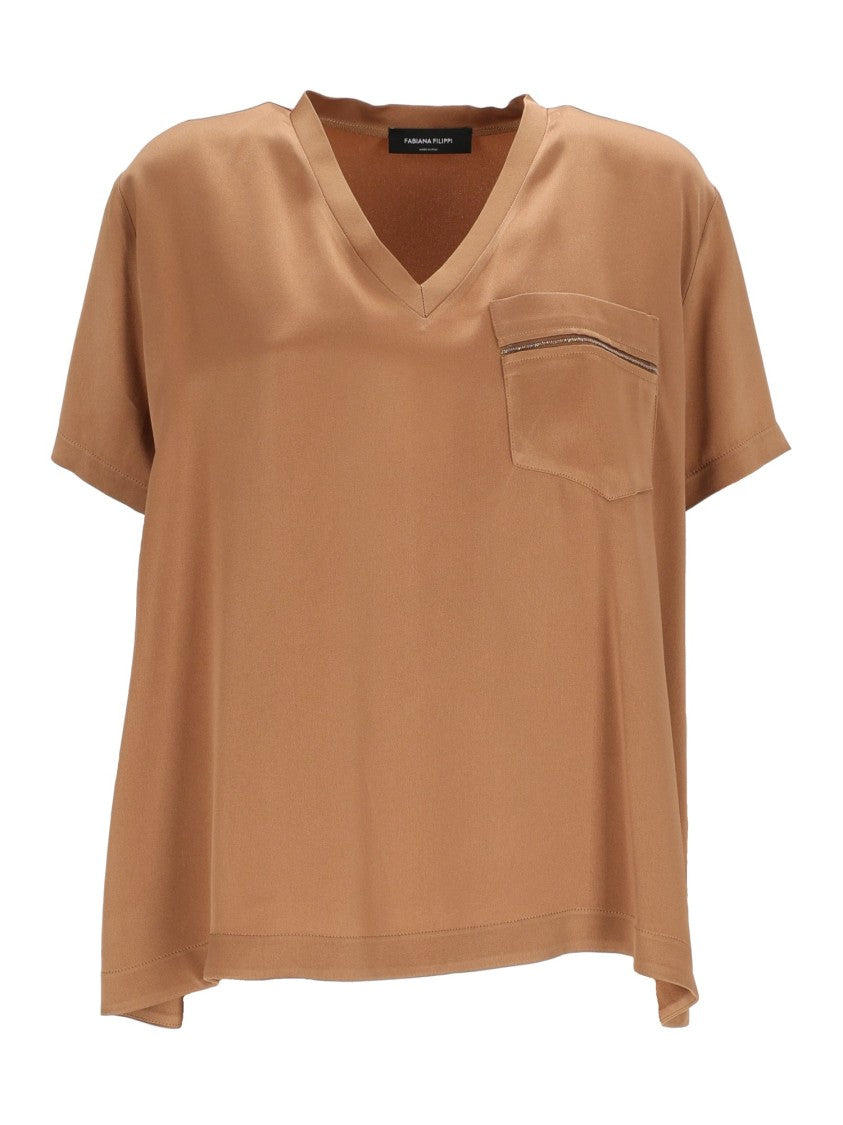 Fabiana Filippi Brown Enver Satin V-Neck Blouse