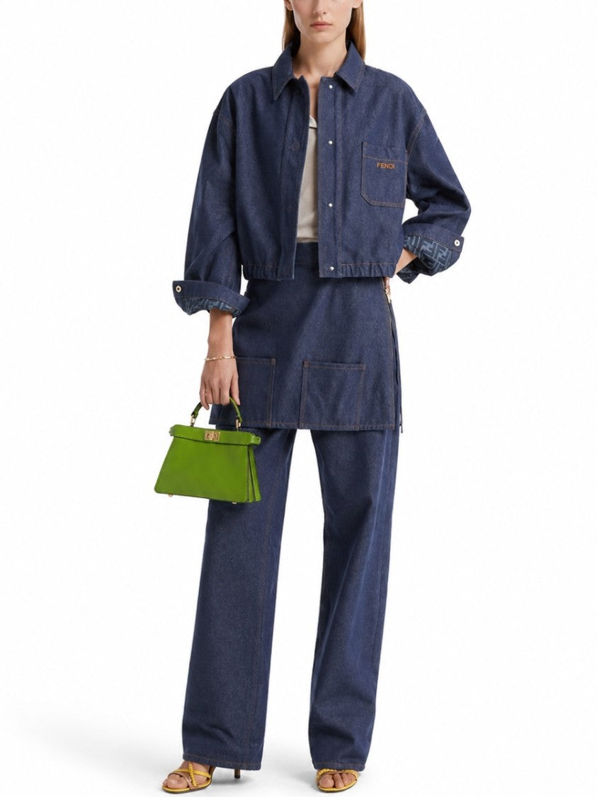 Fendi Cropped Denim Jacket With Embroidered Logo And Classic Detailing