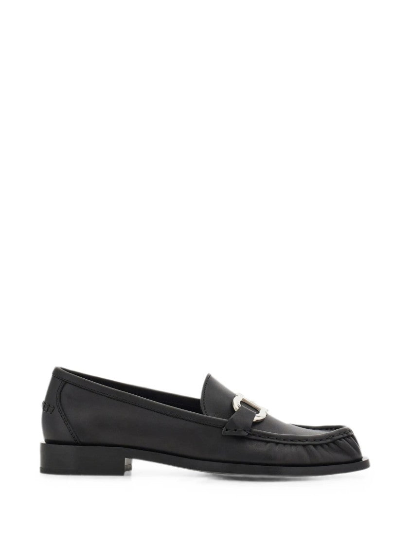 Salvatore Ferragamo Black Leather Loafers With Silver-Tone Metal Bit Detail