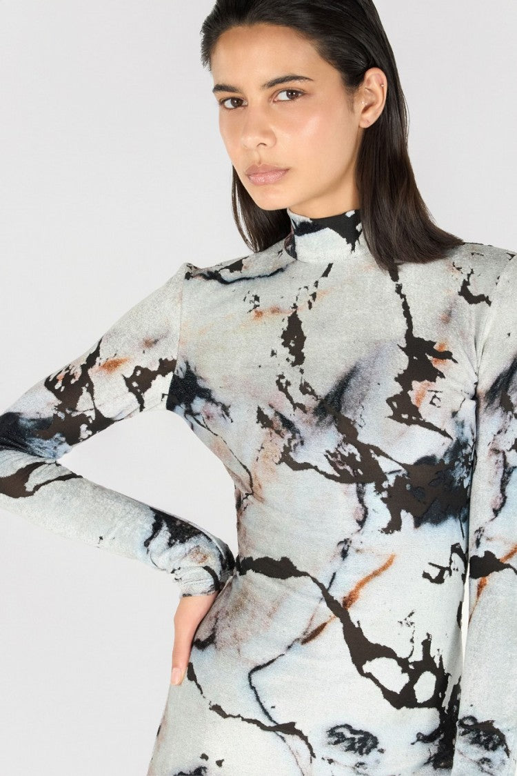 Roberto Cavalli White Viscose-Blend Marble-Print Mock-Neck Maxi Dress