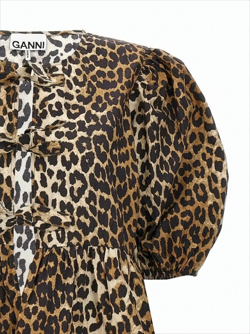 Ganni Leopard Print Blouse With Puff Sleeves And Peplum Hem