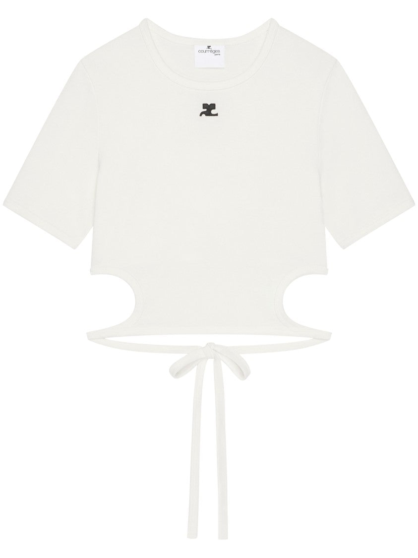 Courrèges Cropped Ribbon Cut-Out Contrast T-Shirt With Tie Detail