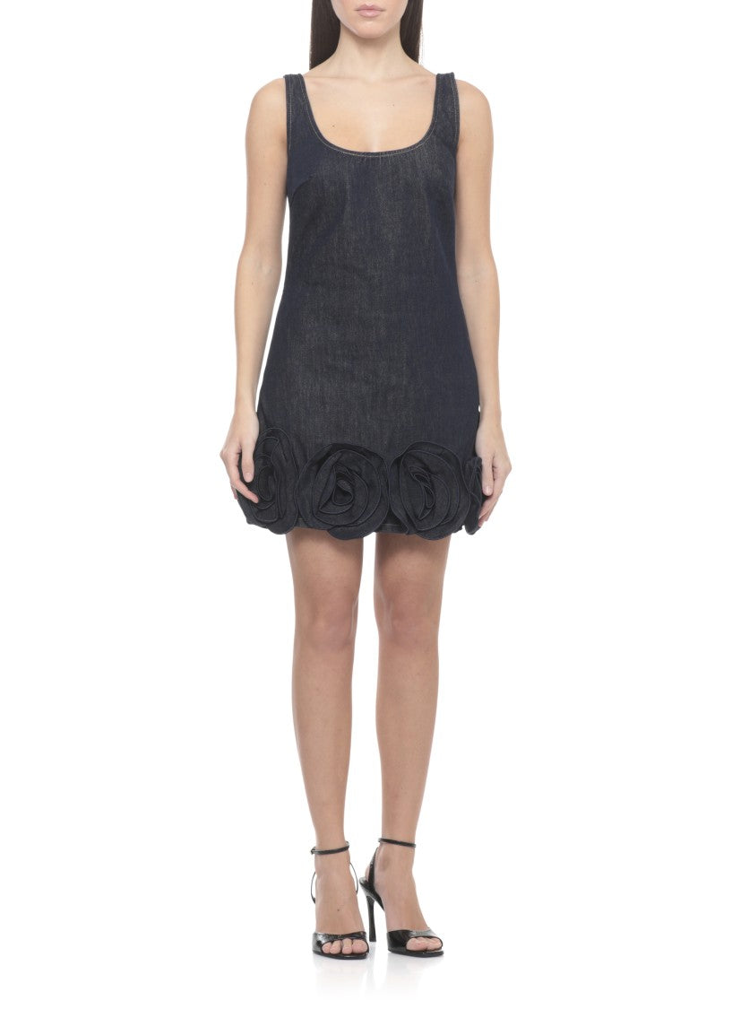 Self-Portrait 3D Floral Denim Mini Dress With Wide Neckline