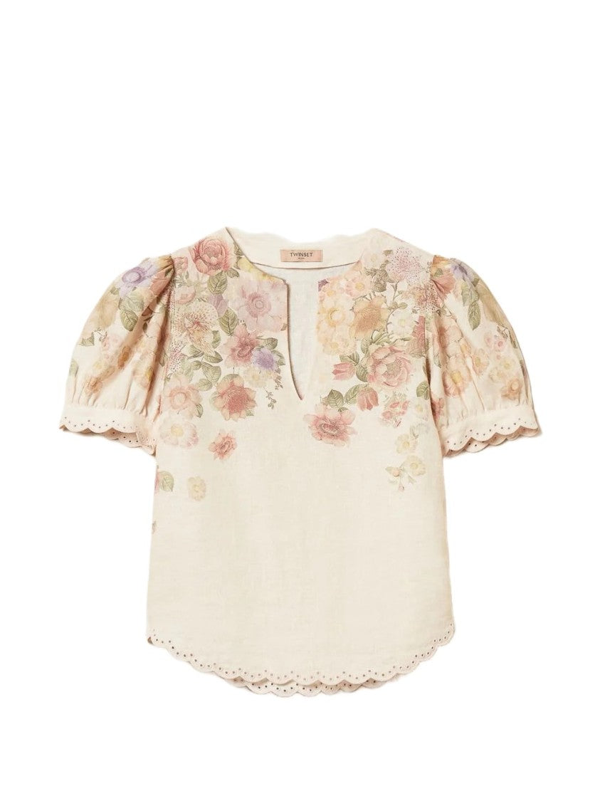 Twin-Set Short-Sleeved Floral Print Top With Scalloped Details