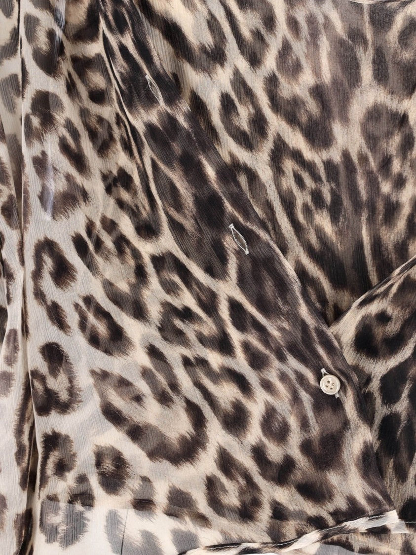 Ermanno Scervino Silk Shirt, Brown, Animal Print, Classic Collar