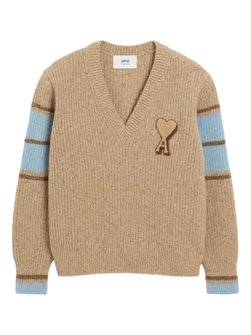 Ami V-Neck Cashmere Sweater With Embroidered Heart Detail