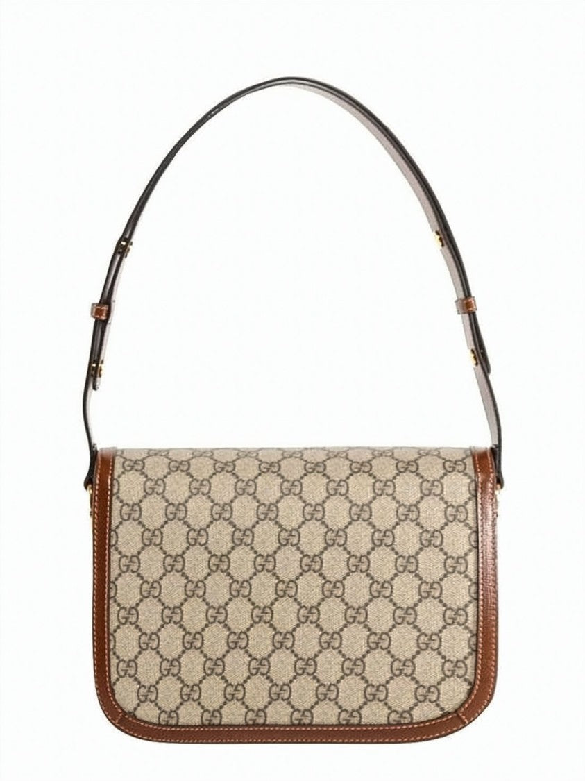 Gucci Structured Beige Canvas Horsebit Shoulder Bag With Leather Trimming
