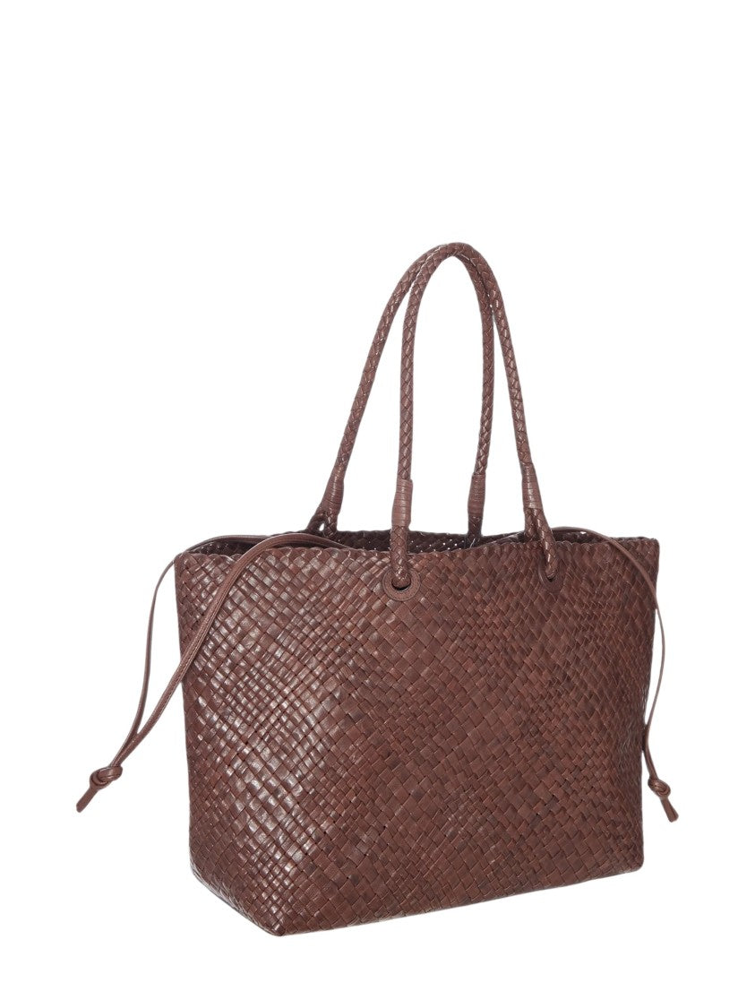 Ibeliv Brown Woven Leather Tote Bag With Drawstring Accents