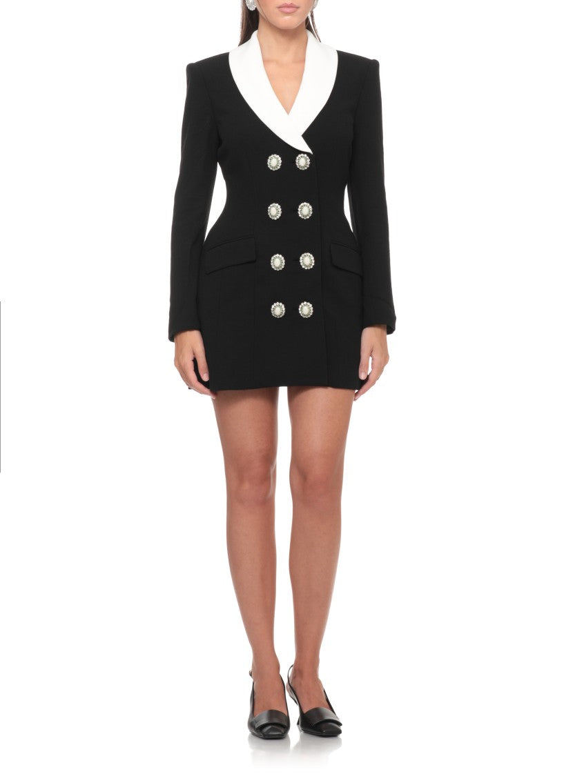 Self-Portrait Double-Breasted Black Wool Jacket Dress With White Shawl Collar